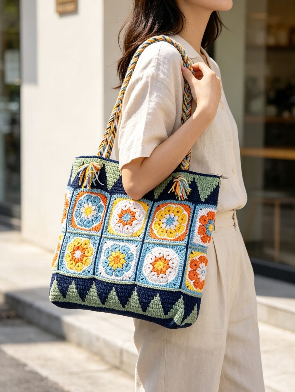 Handmade Crochet Floral Tote Bag in Blue, Yellow & Orange
